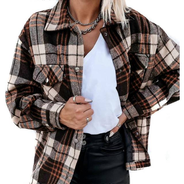 (M, One size) Women&#39;s Autumn/winter Long Sleeve Lining Loose Casual Vintage Plaid Shirt #brown