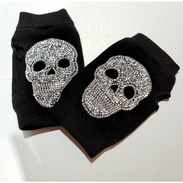 (silver) Winter Gloves Women Rhinestone Skull A+ Diamond Crown Half Finger Warm