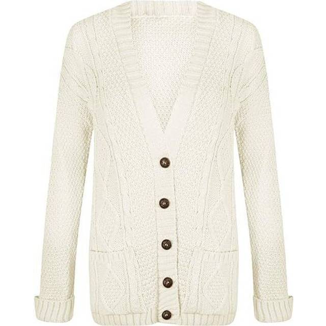 (Cream / Chunky Cable Knitted Style Cardigan, One Size) Women Ladies Cable Chunky Knit Cardigan Button Long Sleeves Grandad Cardigan