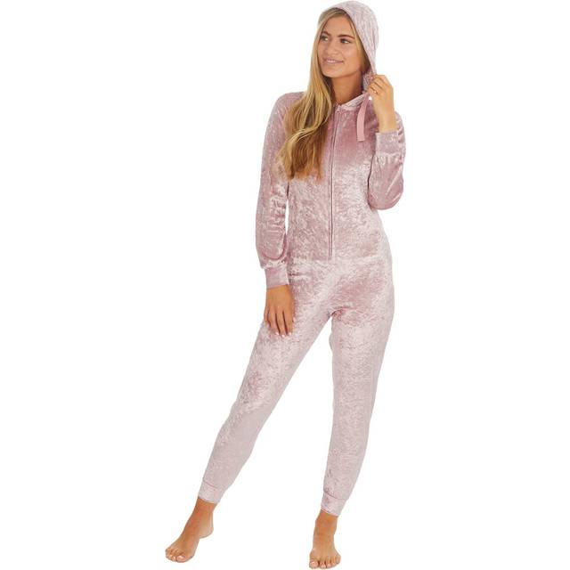 (Pink, X-Large) Ladies Crushed Velvet Onezie Velour Zip Up Hooded Jumpsuit Playsuit All In One Shimmer Shiny Size 8 10 12 14 16 18 20 22