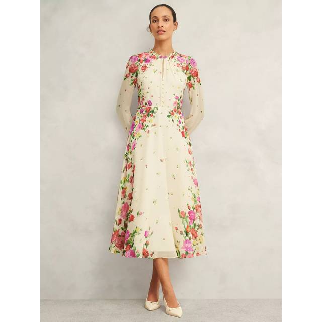 Hobbs Eva Placement Floral Pure Silk Dress, Cream/Multi