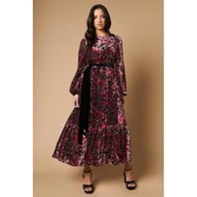 Velvet Contrast Belted Maxi Dress - Pink - 8