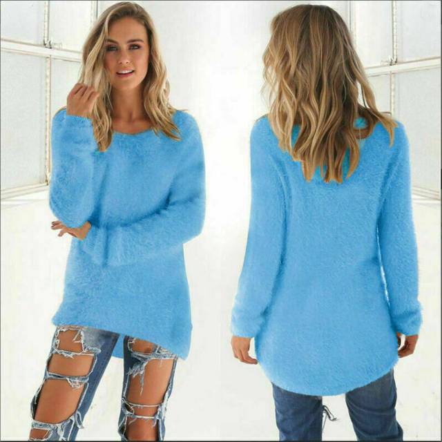 (Lake Blue, 3XL) Womens Winter Warm Sweater Fluffy Plain Jumper Ladies Casual Long Pullover Tops