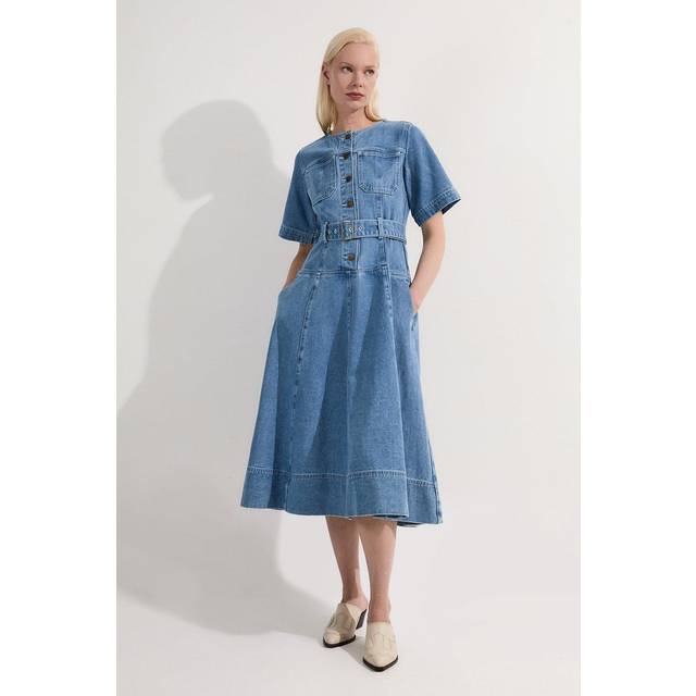 Denim Soft Wash Short Sleeve Belted Midi Dress - Mid Blue