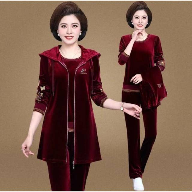 (wine red, XXL) Mom&apos;s Velvet Tracksuit Women Embroidered Plus Size 3 Piece Outfit Casual Zip Up Hooded Waistcoat + T-Shirt + Pants Set Sweatsuit