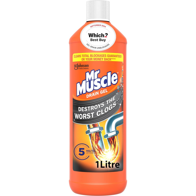 Mr Muscle Drain Unblocker, Sink & Drain Cleaner,, Dissolves Clogs, Works 3x Better Than Bleach, Safe for All Pipes, 1L