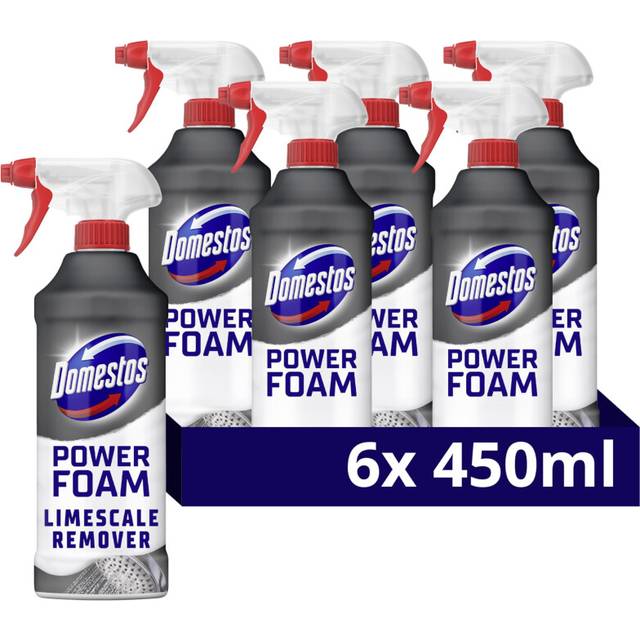 Domestos Power Foam Limescale Remover Toilet & Bathroom Cleaner Spray upside down & eliminates 99.99% of germs for 100% limescale removal  6 x 450ml