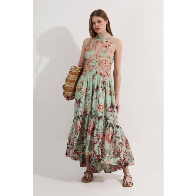 Floral Applique Lace Maxi Dress - Pink