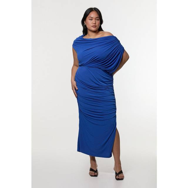 Plus Size Jersey Crepe Asymmetric Neckline Maxi Dress - Blue