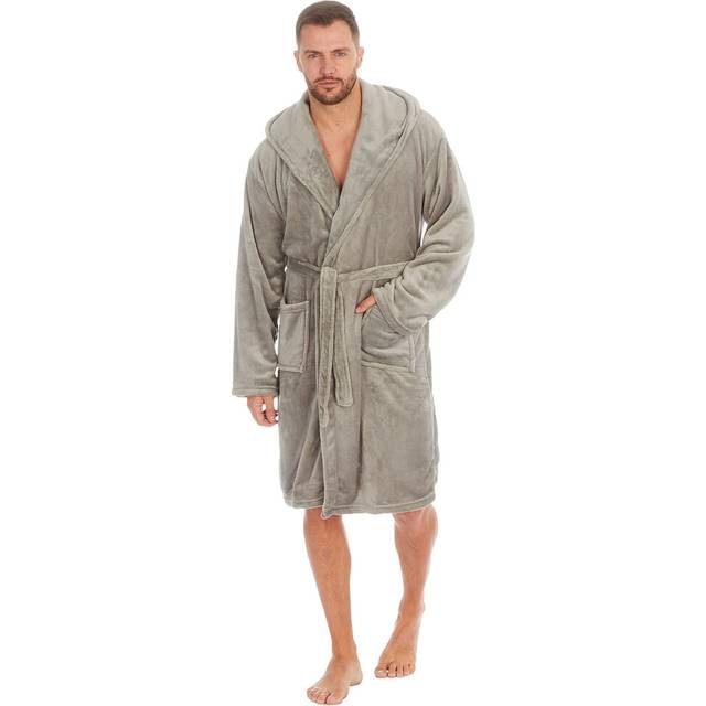 (Grey, 5XL) Mens Adult Plus Size Big And Tall Dressing Gown Robe Nightwear Warm Soft Cosy Luxury Plush Fleece With Hood And Pockets Plain Size 3Xl 4Xl