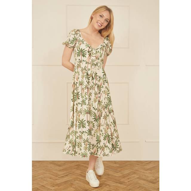 White Cotton Palm Print Ruched Midi Dress - Beige - 10