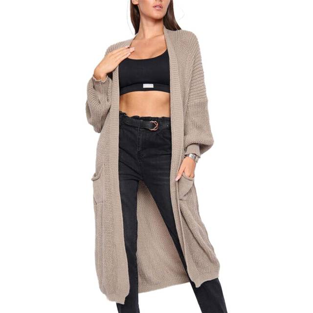 (Mocha, UK 2XL 20-22) Womens Chunky Knitted Oversized Cardigan Lady Balloon Sleeve Long Maxi Cardigan.