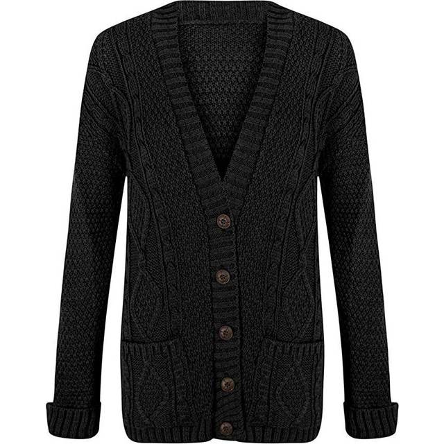 (Black, 8-10) Womens Ladies Chunky Cable Knit Cardigan Button Long Sleeves Grandad Cardigans