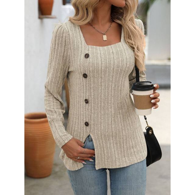 (Beige, XXL) Womens Ribbed Knit Jumper Square Neck Button Detail Long Sleeve Pullover Autumn