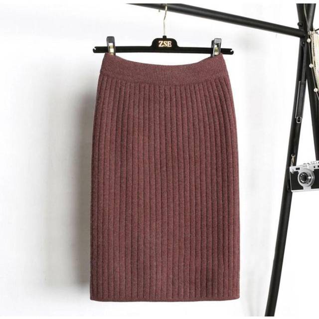 (brown, M) Scione 65-75cm Elastic Women Skirts Autumn Winter Warm Knitted Straight Skirt Ribbed Mid-long Skirt