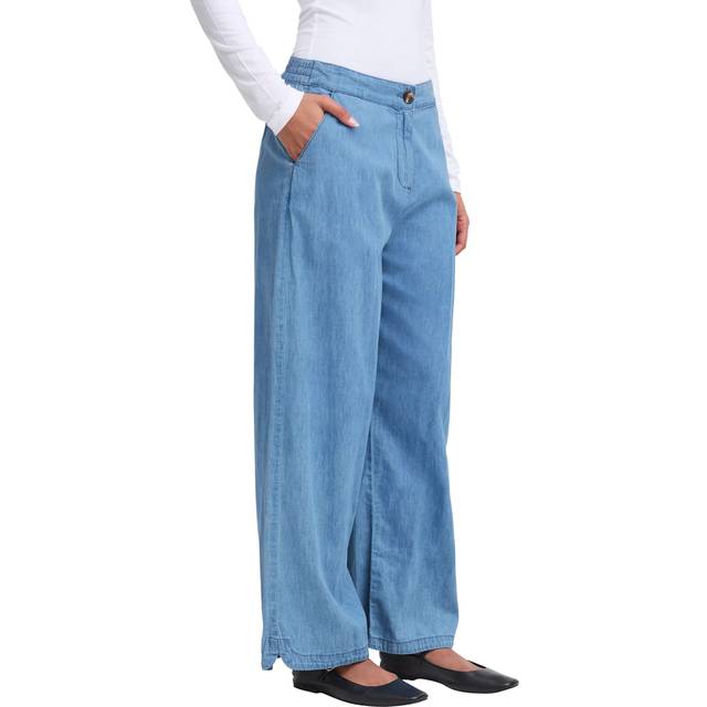 ICHI Barcy Wide Leg Trousers, Light Blue Chambray