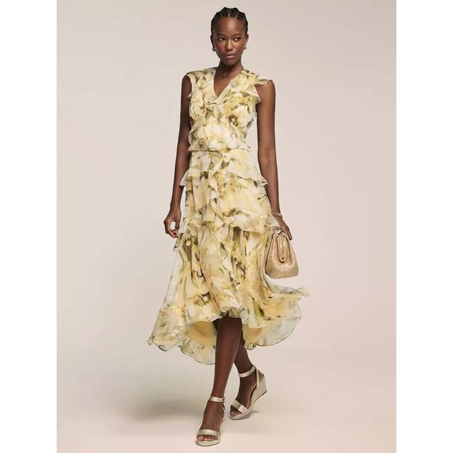 Mint Velvet Floral Ruffle Midi Dress, Natural Cream