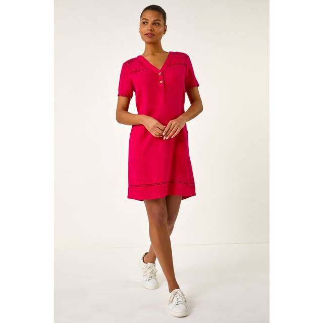 Linen Mix Button Shift Dress - Red - 20