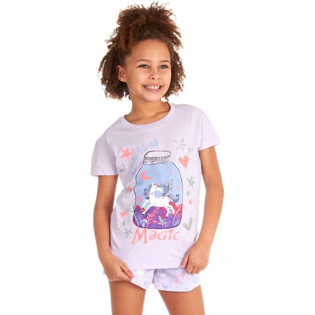 (Purple, 7-8 Years) Kids Girls Unicorn Magic 100% Cotton Pyjama Set Summer Pj'S Girls Outfit Lilac Glitter Neon 3-10 Years