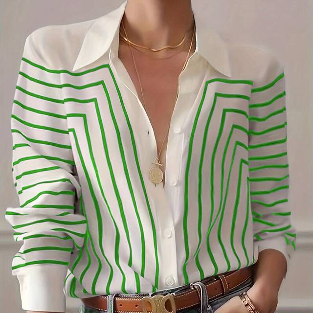 (B25SHH245614216, 2XL) Spring Summer Women's Oversized Shirt Blouse-Black & White Linear Print Button Down Tops,Casual street style Stretch Blouse