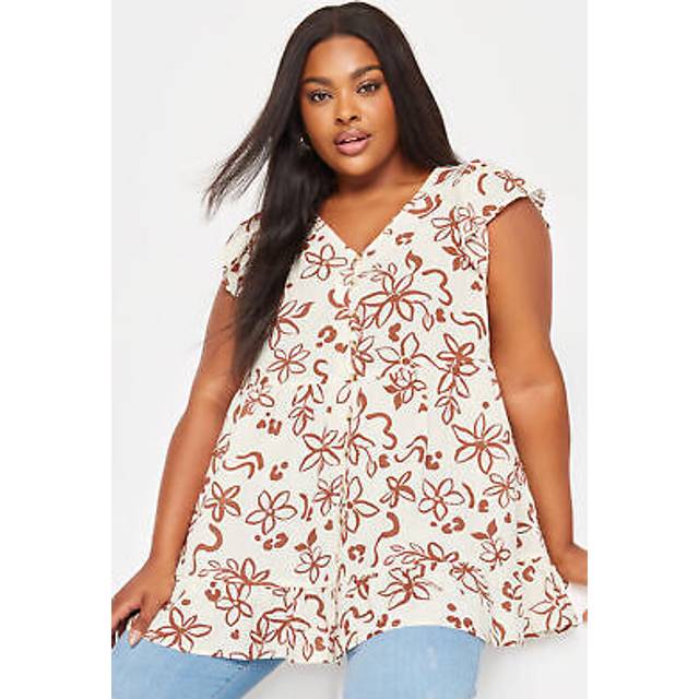 Yours Curve White Floral Print Tiered Linen Blouse, Women's Curve & Plus Size, Yours - 16