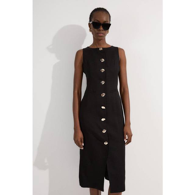 Viscose Linen Tailored Statement Button Front Pencil Midi Dress - Black - 8