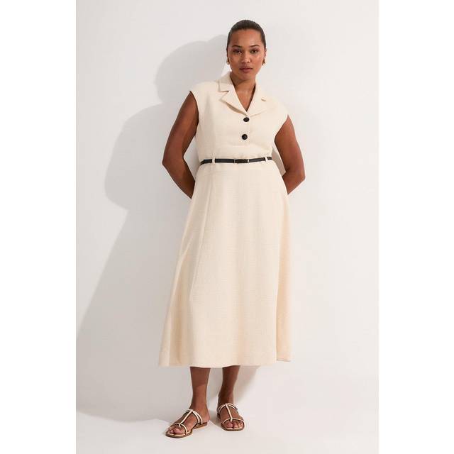 Plus Size Textured Tweed Belted Full Skirted Midi Dress - Cream