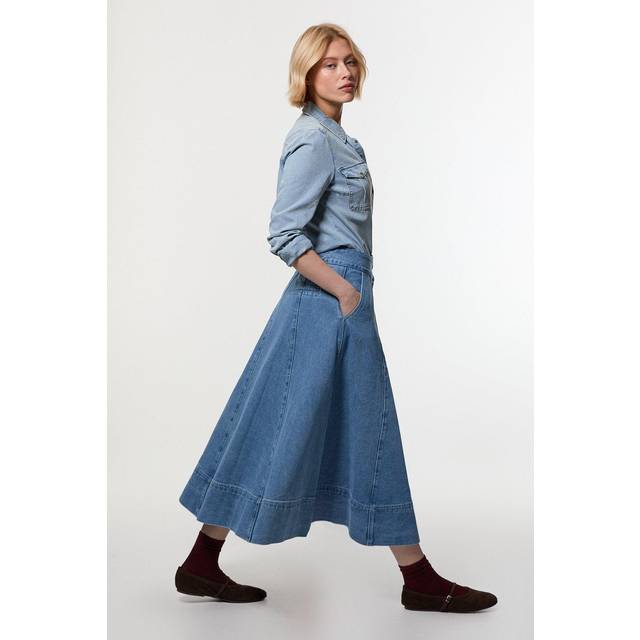Petite Denim High Waist Full Midi Skirt - Mid Blue