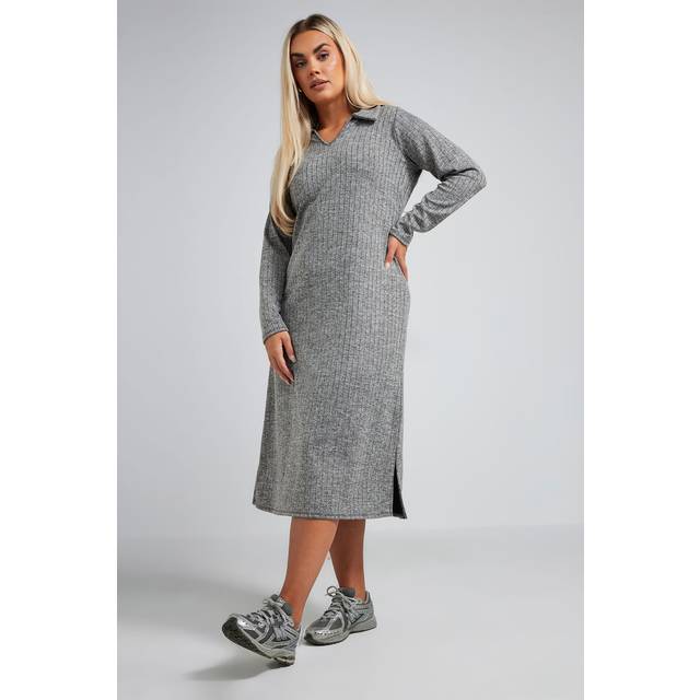 Limited Collection Curve Grey Ribbed Collar Midi Dress, Women's Curve & Plus Size, Limited Collection - 22-24