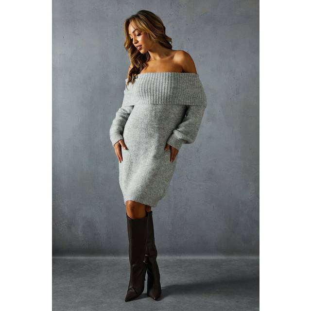 MissPap Womens Premium Knit Bardot Foldover Jumper Dress - Grey Polyamide - Size Small