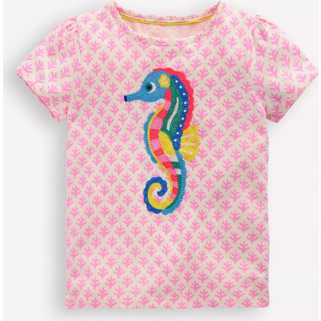 Mini Boden Kids' Cotton Superstitch Puff Sleeve T-Shirt, Pink Seahorse