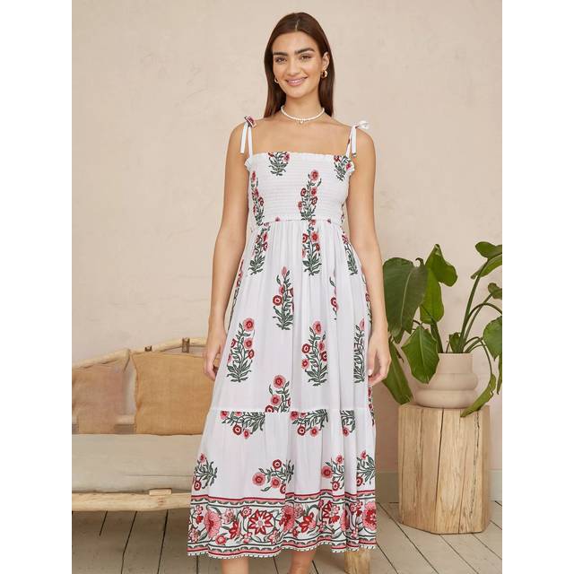 White Floral Printed Smocked Midi Dress - 12