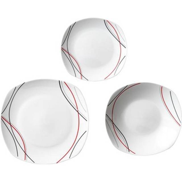 12-pc Dinner Set White Soup Dessert Plates Red Black Semi Square Four Servings