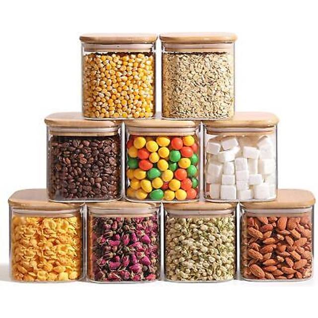 ComSaf 24oz/700ml Glass Food Storage Jars Set of 9, Clear Glass Storage Containers with Bamboo Lids, Pantry Organization Jar, Spice, Tea, Coffee and