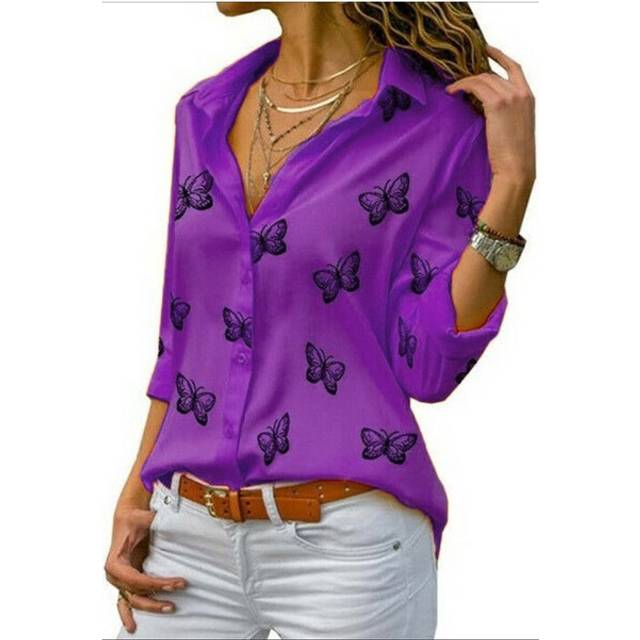 (PURPLE, 5XL) Women Long Sleeve Blouse Oversized Spring Autumn Turn Down Collar Loose Office Lady Casual Butterfly Printing Basic