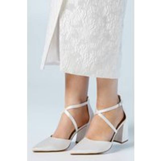 Bridal Wide Fit Treat Satin Cross Strap Pointed Block Heel Court Shoes - White - 8