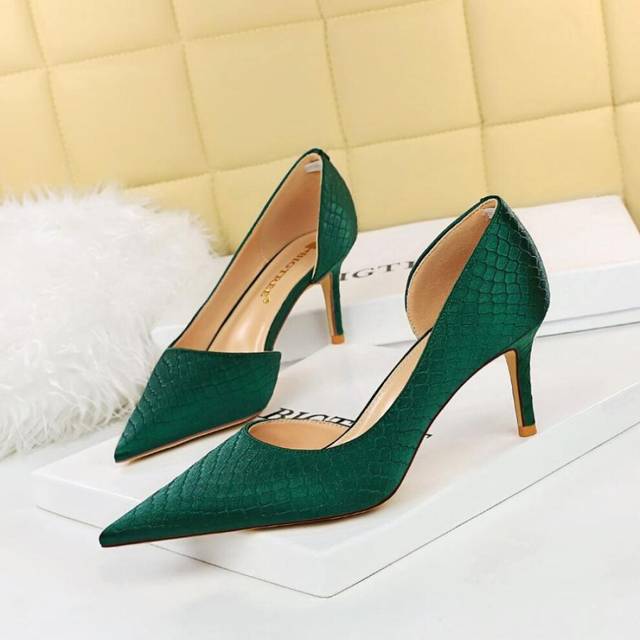 (green, 38) Womens European And American Fashion Slim Heel High Heel Shallow Mouth Pointed Head Side Hollow Side Snake Pattern Silk High Heel Shoes 7.