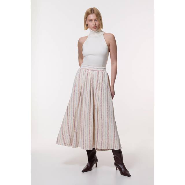 Premium Woven Stripe Tailored Pleated Midi Skirt - Pink - 8