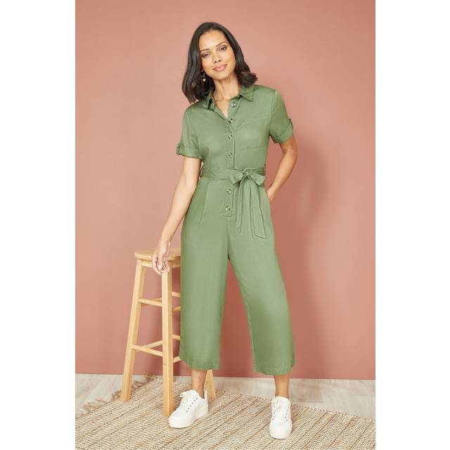 Yumi Green Twill Viscose Utility Jumpsuit - Size 8 UK - Yumi