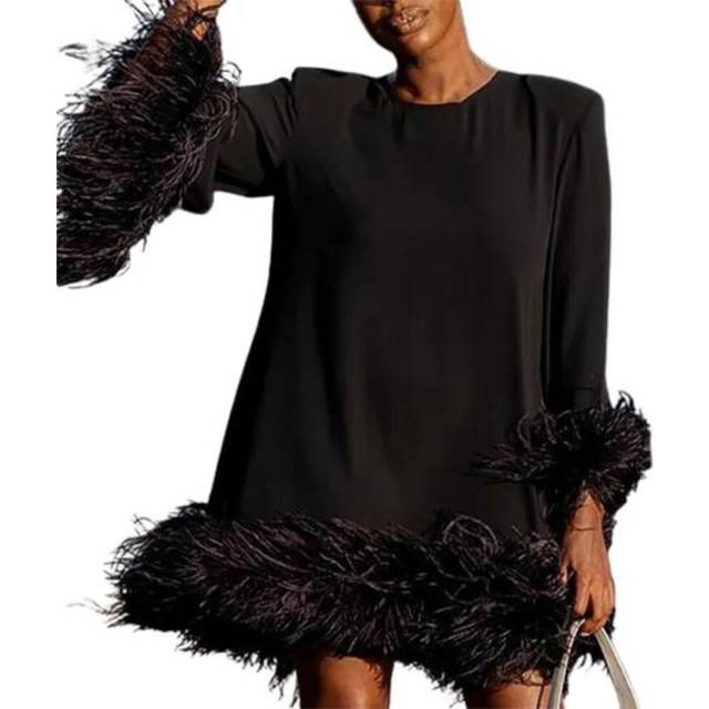 (black, XL) Women Dress Loose Round Neck Decor Solid Fuzzy Faux Fur Color Long Sleeve Pullover H-shaped Above Knee Length