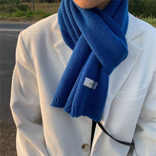 (Sapphire Blue) Winter women's scarf solid color flat knitted wool versatile couple fashion thick warm neck scarf