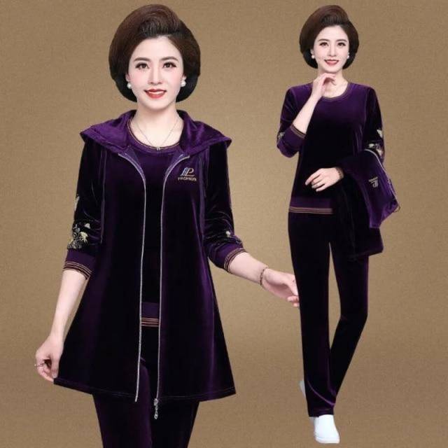 (purple, XXXL) Mom&apos;s Velvet Tracksuit Women Embroidered Plus Size 3 Piece Outfit Casual Zip Up Hooded Waistcoat + T-shirt + Pants Set Sweatsuit