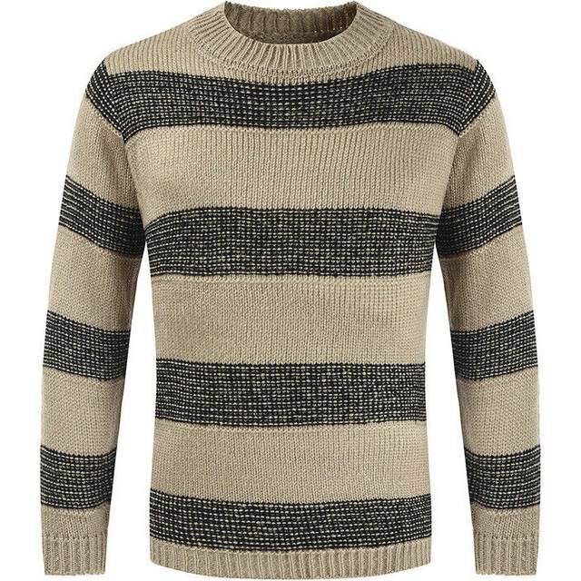 (Khaki, UK L) Mens Crew Neck Long Sleeve Chunky Cable Knit Jumper Pullover Winter Sweater Tops