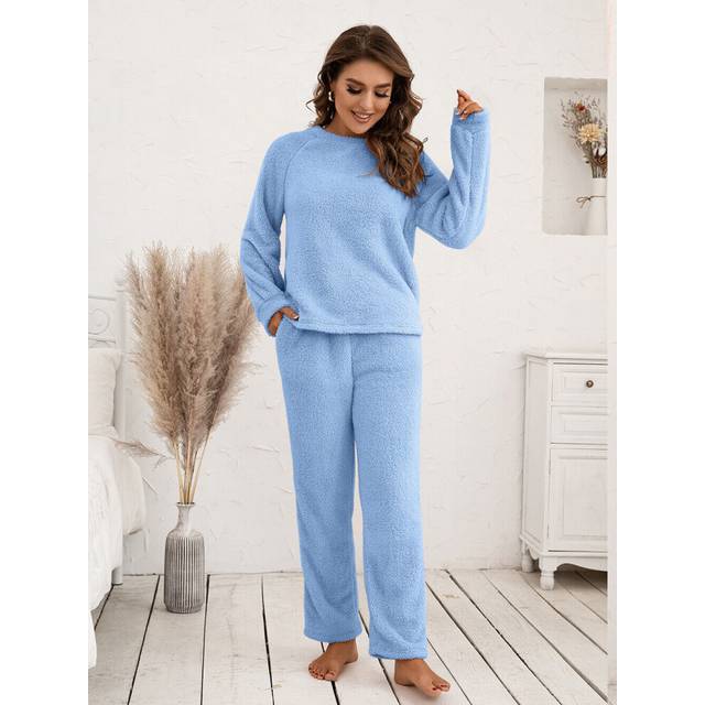 (Blue, 10) Womens Fluffy Fleece Fur Tops Pants Pyjamas Nightwear Teddy Bear Pajamas Set UK