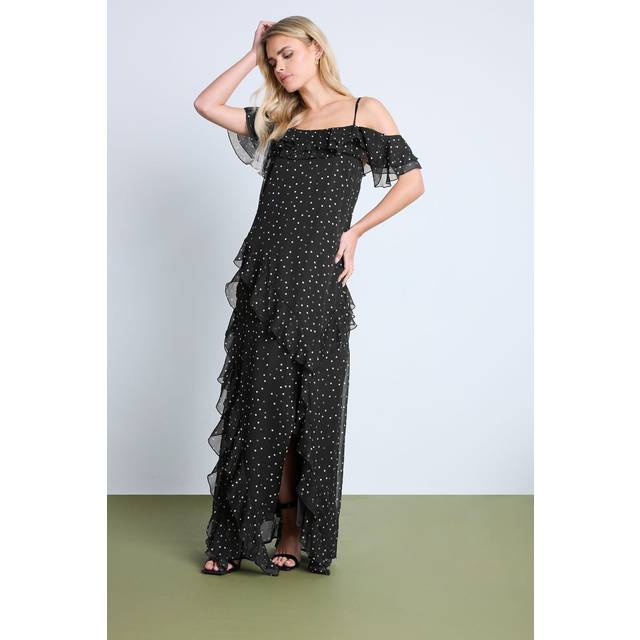 Pixiegirl Black Chiffon Spot Ruffle Maxi Dress 12 Pixiegirl | Petite Women's Occasion Dresses