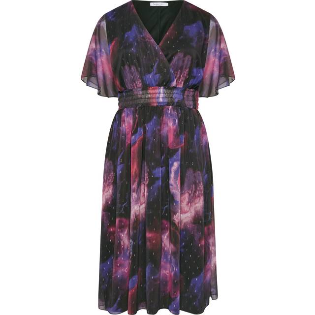 Yours London Curve Purple Abstract Metallic Print Midi Dress, Women's Curve & Plus Size, Yours London - Black - 22