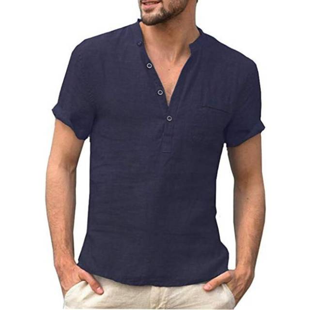 (XXXL, navy blue) Summer New Men&apos;s Short-sleeved T-shirt Cotton And Linen Led Casual Men&apos;s T-shirt Shirt Male  Breathable S-3xl
