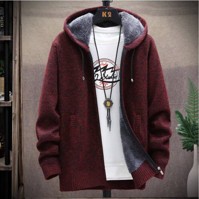 (wine red1, 2XL) Men's Thick Warm Fleece Lined Hooded Hoodie Winter Zip Up Coat Jacket Sweatshirt