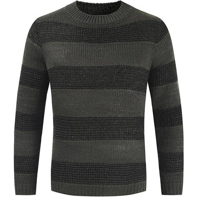 (Black, UK L) Mens Crew Neck Long Sleeve Chunky Cable Knit Jumper Pullover Winter Sweater Tops