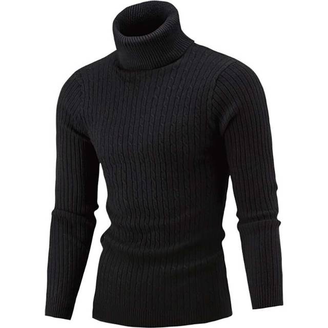 (Black, 3XL = 46) Mens Knitted Turtle Roll Neck Jumper Tops Winter Warm Long Sleeve Polo Sweater